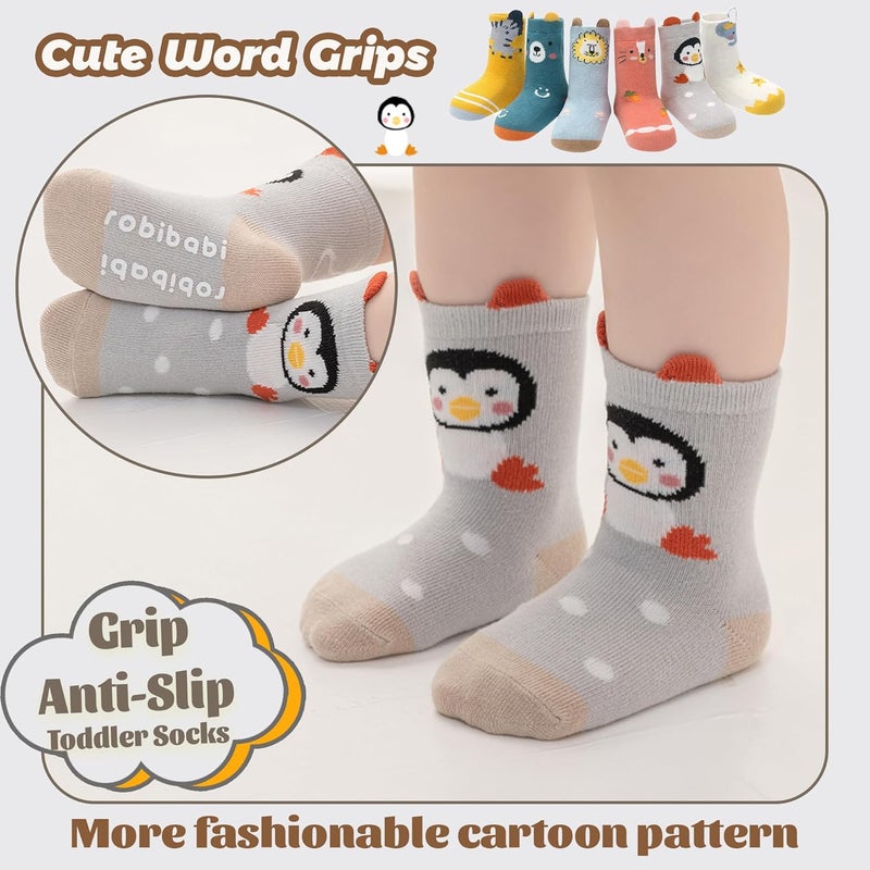 HYCLES Toddler Non Slip Socks, Cartoon Animal Cute Baby Grip Sock for 6-12 Month 1-5 Years Girls Boys 6 Pairs - Image 2